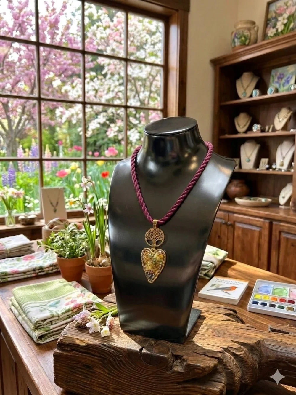 Abalone Gold Tree of Life Heart Pendant Necklace on Burgundy Cord